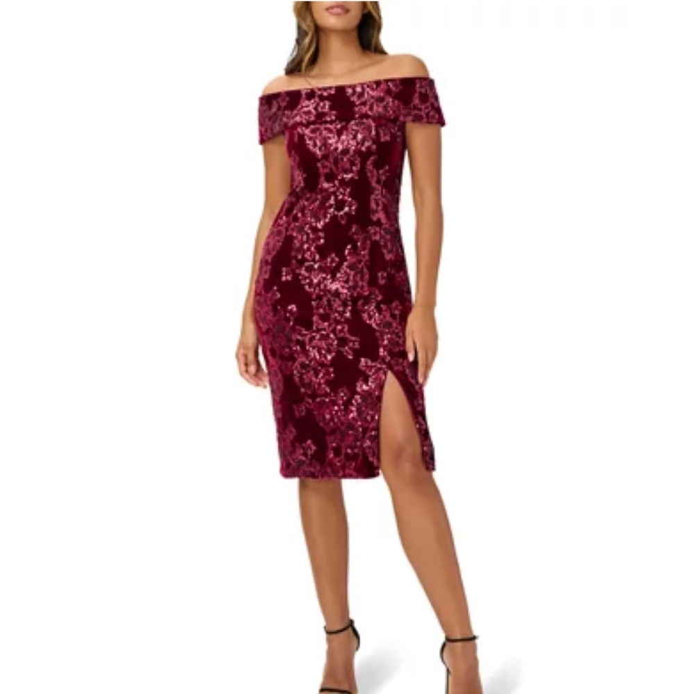 Adrianna Papell Red Velvet Sequin Sheath Cocktail Dress